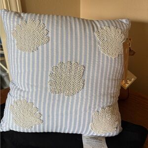 Beaded seashell, Striped Blue and White Beaded Accent Pillow